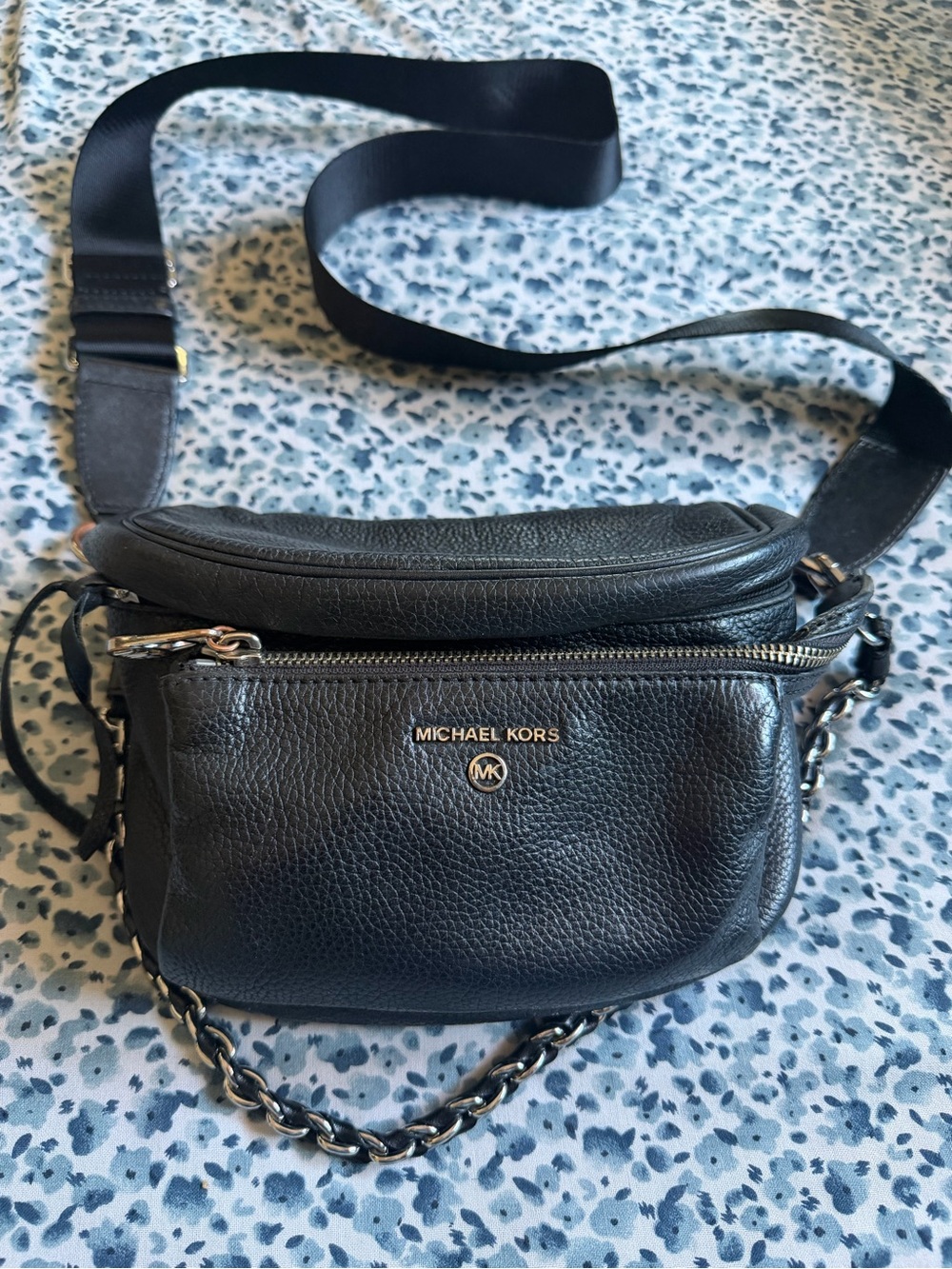 Michael Kors Black Pebbled Leather Crossbody Belt Bag with Chain Accent